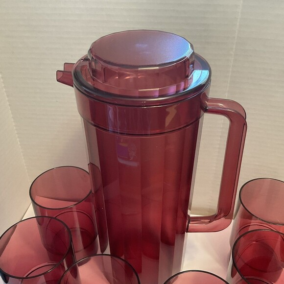 Vintage Tupperware Cranberry Red Ruby Acrylic Pitcher Cups Set Preludio Rare - Picture 5 of 9